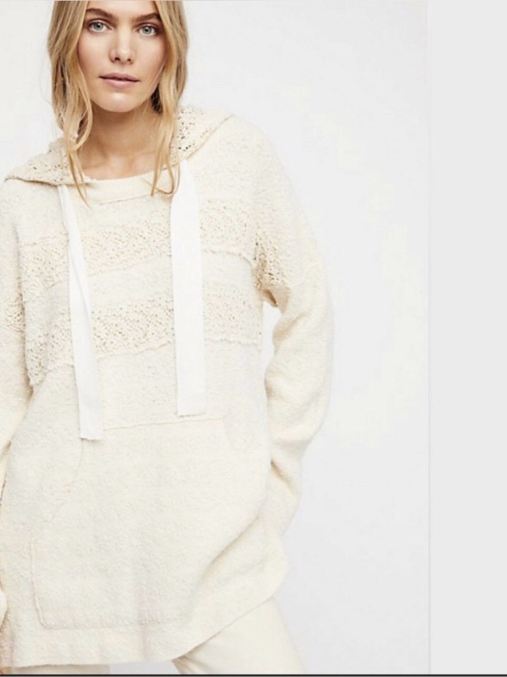 NWT FREE PEOPLE CANDY CROCHET HOODIE TUNIC IVORY PULLOVER